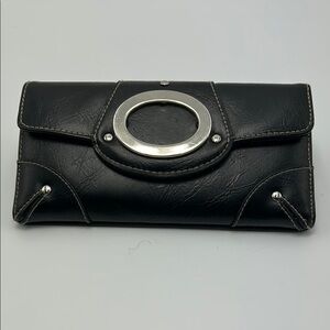 Women's Trifold Wallet Clutch Black with Silver & Stitch‎ Details Casual